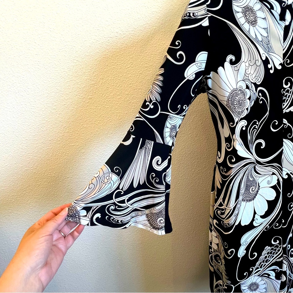 Glamour women black white tan floral midi dress trumpet sleeve round neck Sz 8 - Picture 11 of 16